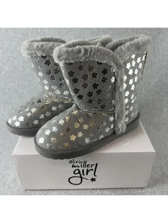 Olivia Miller Pull on Boots Girls Size 5 Youth Faux Fur Trim Gray Metallic - Picture 5 of 10